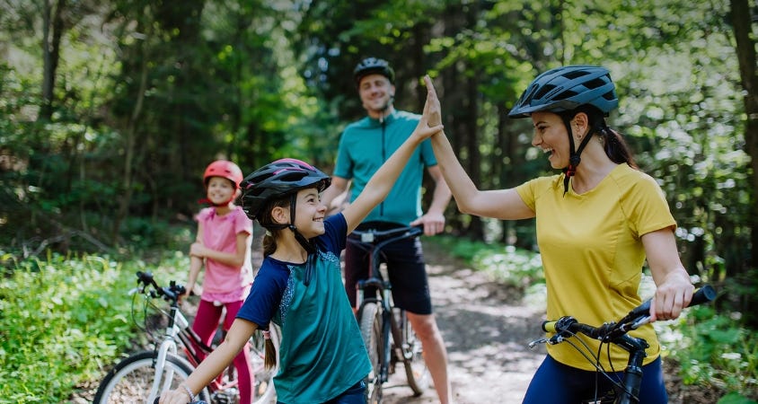 bike, helmet, family, woods